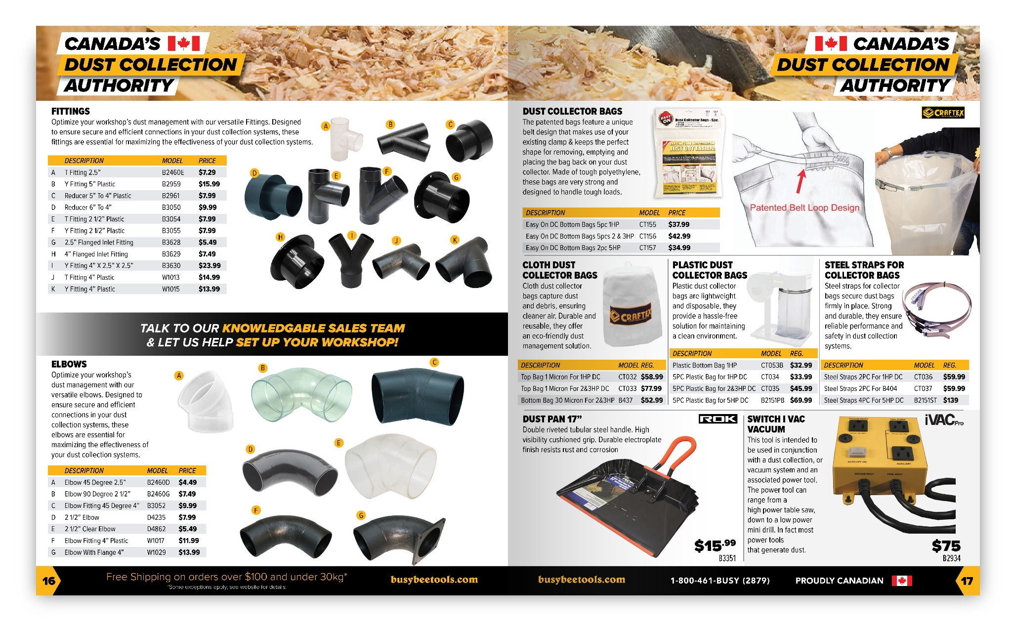 Busy Bee Tools catalogue spread featuring dust collection products, pricing and product information