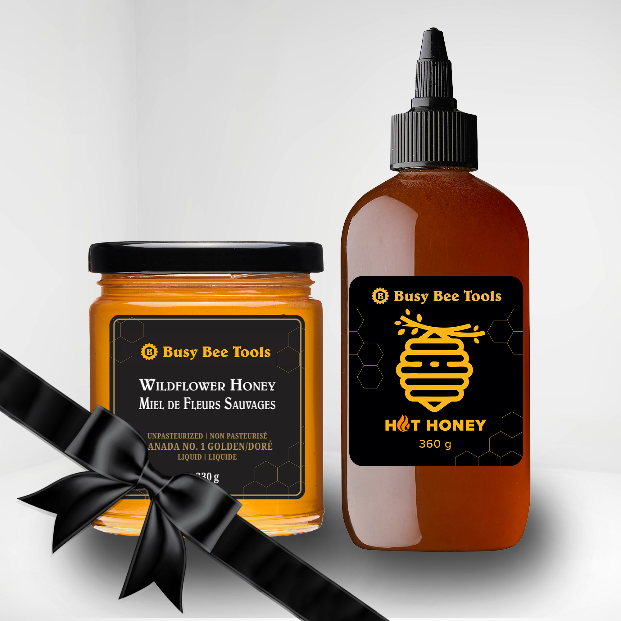 Busy Bee Tools branded wildflower honey and hot honey packaging