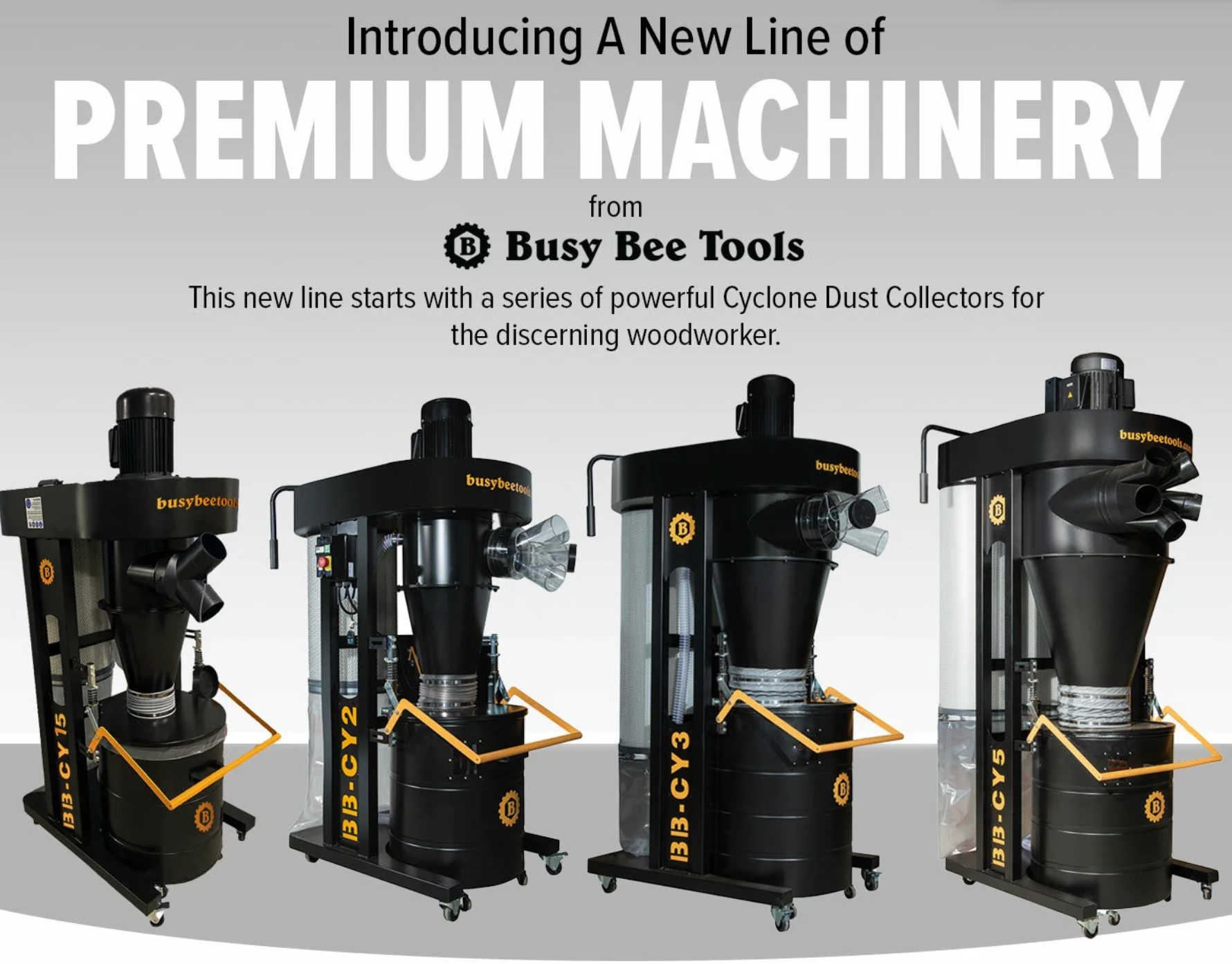 Busy Bee Tools cyclone dust collector landing page — upper section