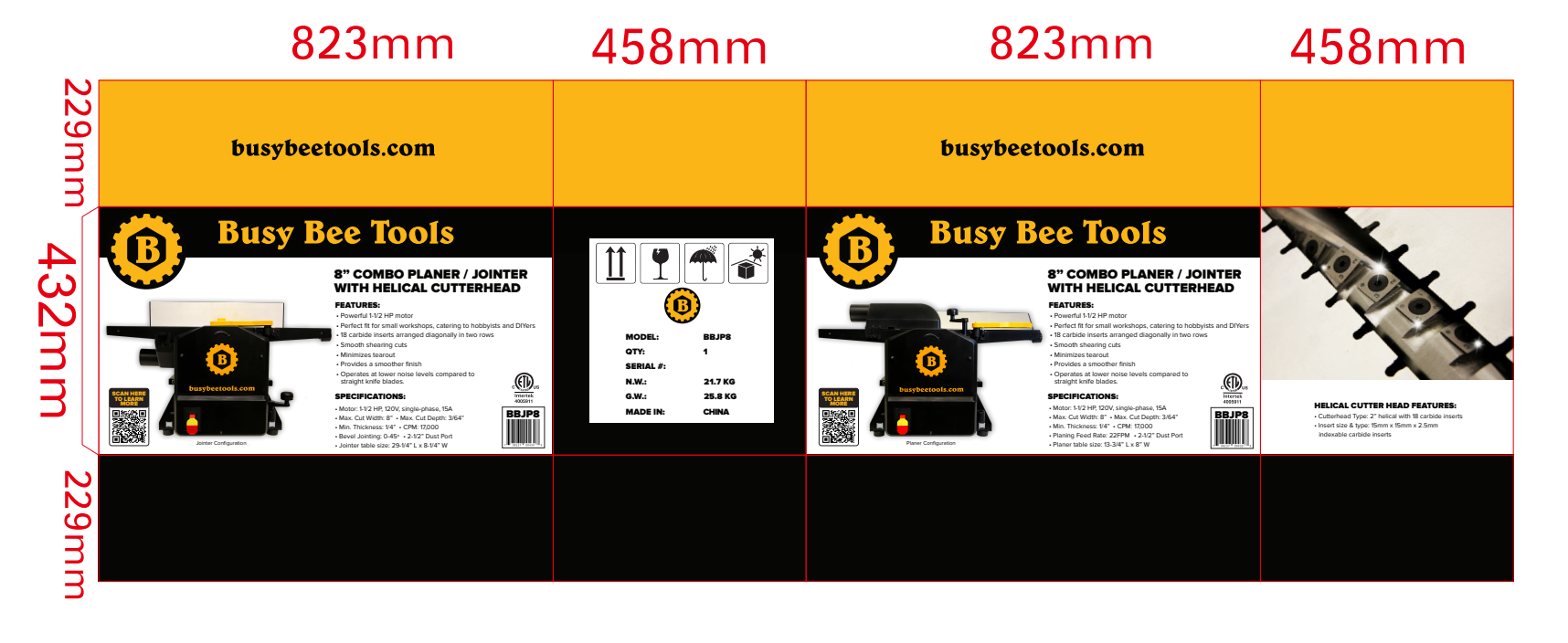 Busy Bee Tools planer jointer packaging artwork and production dimensions