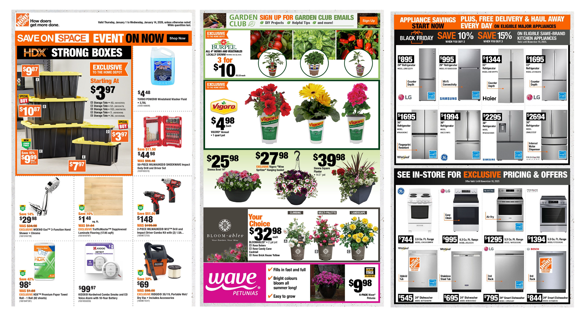 Home Depot Canada flyer examples for storage, garden and appliance retail categories