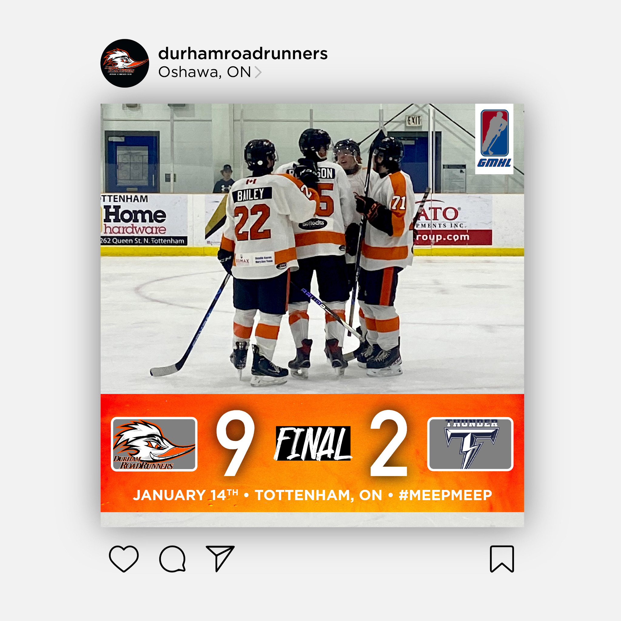 Durham Roadrunners 9 to 2 final score graphic