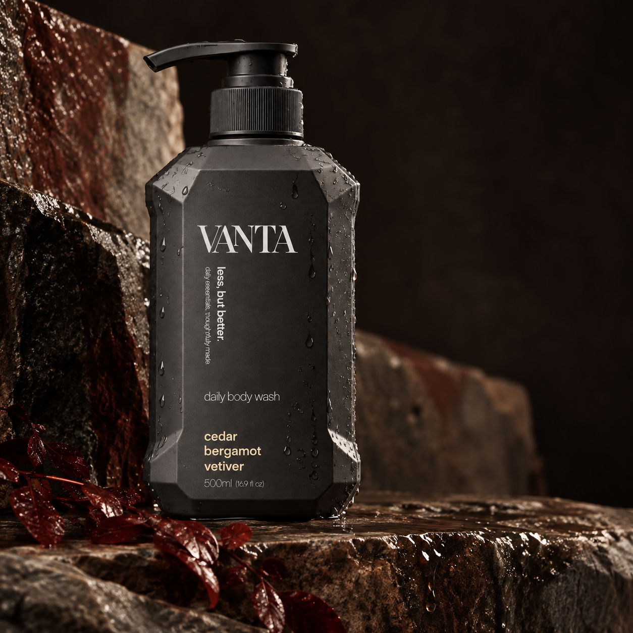 VANTA daily body wash product photography on wet stone