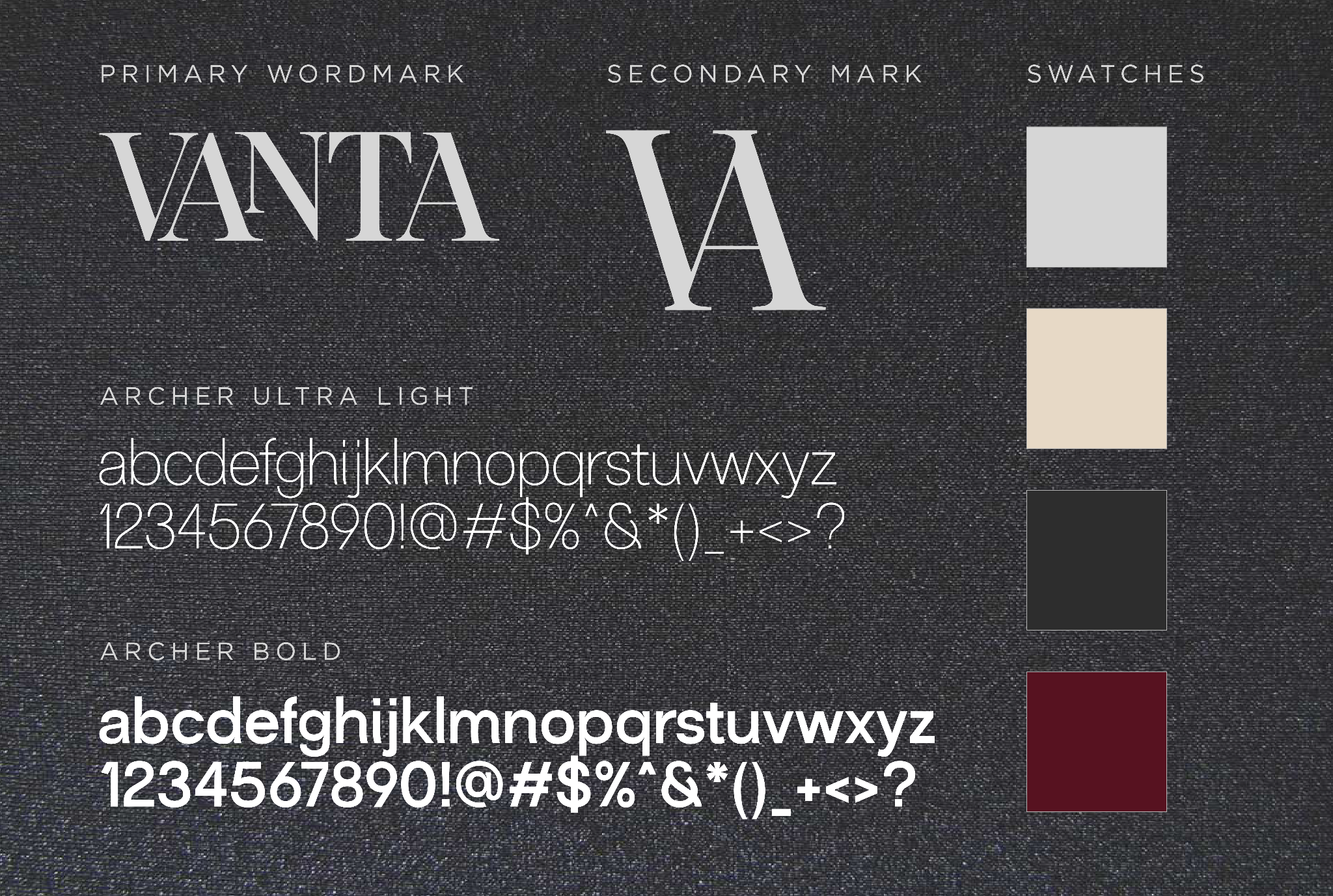VANTA brand identity board showing wordmark, secondary mark, typography and colour palette