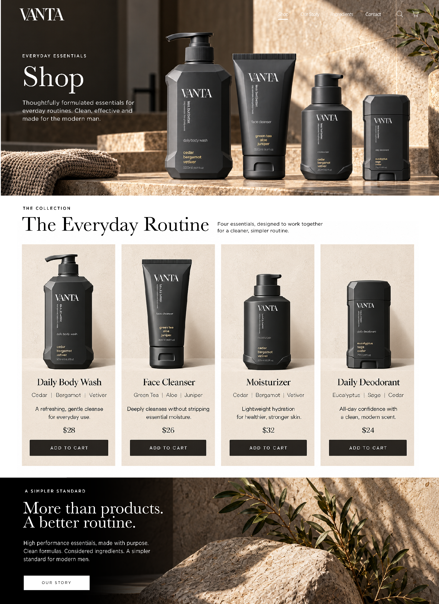 VANTA desktop shop page with four-product collection